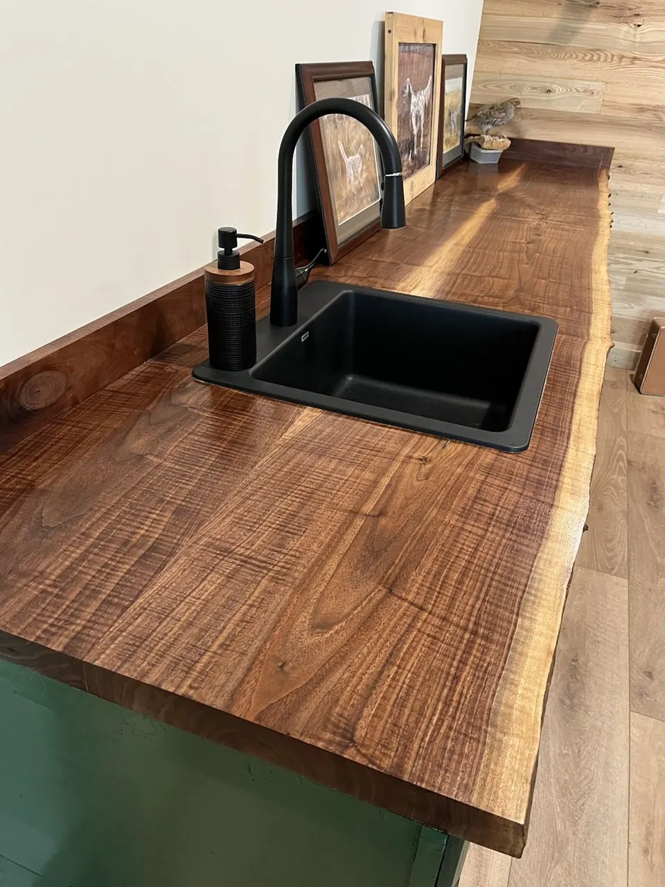 Walnut vanity top with black sink